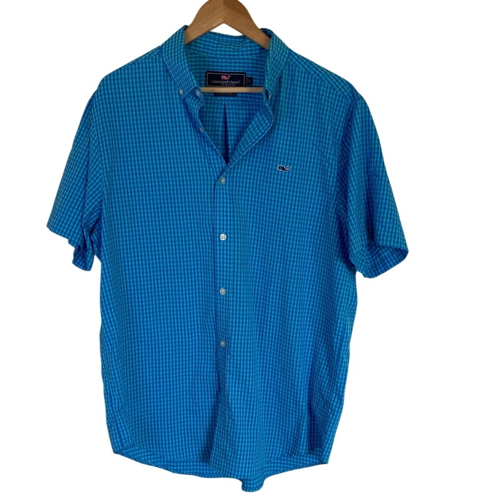 Vineyard Vines Men's Vibrant Blue Check‎ Whale Shirt Size Large Short Sleeve